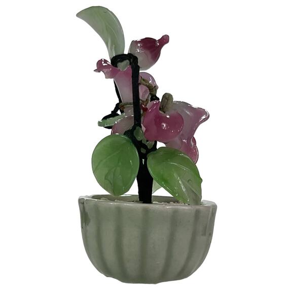 Asian Glass Bonsai Shell Flower Tree Jade Green Planter Pot Pink Green - Picture 3 of 10